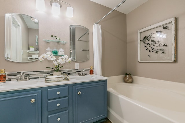 717 Kim Ln, Royse City, TX 75189 - full bath with a garden tub, double vanity, decorative backsplash, and a shower with curtain