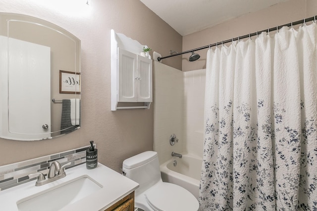 717 Kim Ln, Royse City, TX 75189 - bathroom with vanity, toilet, shower / tub combo with curtain, and decorative backsplash