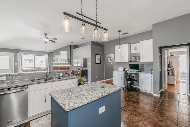717 Kim Ln, Royse City, TX 75189 - kitchen with dishwasher, a sink, a ceiling fan, tasteful backsplash, and open shelves