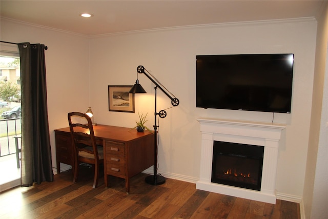 4320 Holland Ave Unit 202, Dallas, TX 75219 - office area featuring ornamental molding, dark wood-type flooring, recessed lighting, baseboards, and a glass covered fireplace