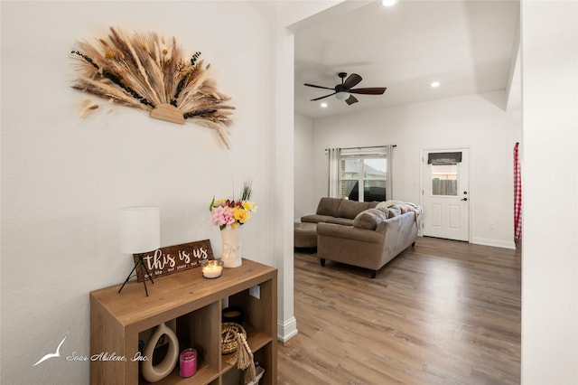 7010 Jet Stream Dr, Abilene, TX 79606 - living room with wood finished floors, a ceiling fan, recessed lighting, and baseboards