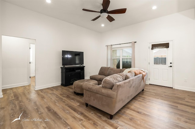 7010 Jet Stream Dr, Abilene, TX 79606 - living room with a ceiling fan, wood finished floors, recessed lighting, and baseboards