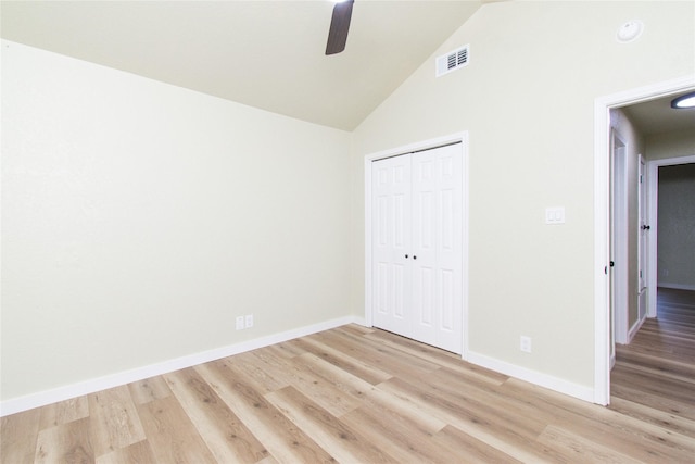 3918 Trinity Dr, Temple, TX 76504 - unfurnished bedroom with light wood-style flooring, a closet, baseboards, high vaulted ceiling, and a ceiling fan