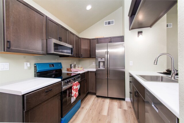 3918 Trinity Dr, Temple, TX 76504 - kitchen featuring stainless steel appliances, a sink, light wood-style flooring, dark brown cabinets, and light countertops