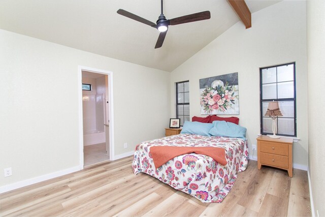 3918 Trinity Dr, Temple, TX 76504 - bedroom with beam ceiling, wood finished floors, high vaulted ceiling, baseboards, and ensuite bathroom