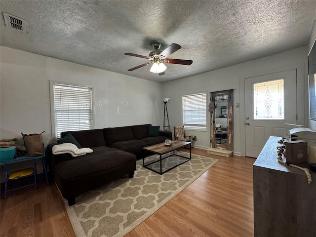 1206 S Crockett Dr, Abilene, TX 79605 - living room featuring wood finished floors, a textured ceiling, and ceiling fan