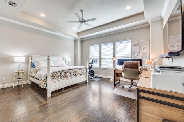 4220 Colton Dr, Carrollton, TX 75010 - bedroom featuring a raised ceiling, baseboards, wood finished floors, recessed lighting, and an office area
