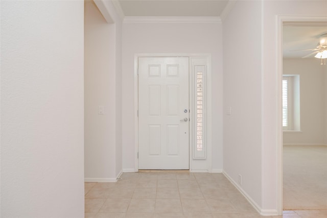 4001 Stone Oak Blvd, Denton, TX 76210 - foyer with baseboards, light tile patterned floors, crown molding, and a ceiling fan