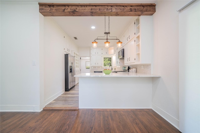 107 W Myrtle, Winnsboro, TX 75494 - kitchen featuring appliances with stainless steel finishes, open shelves, wood finished floors, a peninsula, and recessed lighting