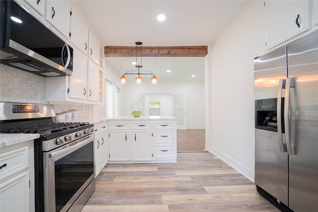 107 W Myrtle, Winnsboro, TX 75494 - kitchen with appliances with stainless steel finishes, white cabinetry, backsplash, a peninsula, and light wood-style flooring