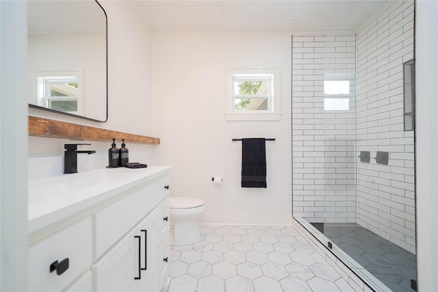107 W Myrtle, Winnsboro, TX 75494 - full bath with vanity, a shower stall, toilet, tile patterned floors, and baseboards