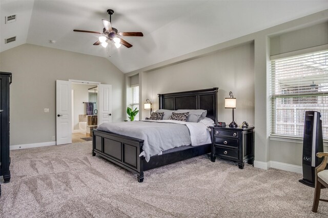 921 Yarwood Way, Burleson, TX 76028 - carpeted bedroom with lofted ceiling, baseboards, ensuite bathroom, and ceiling fan