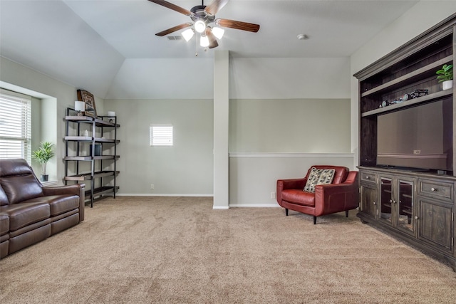 921 Yarwood Way, Burleson, TX 76028 - living area with a ceiling fan, light colored carpet, baseboards, and vaulted ceiling