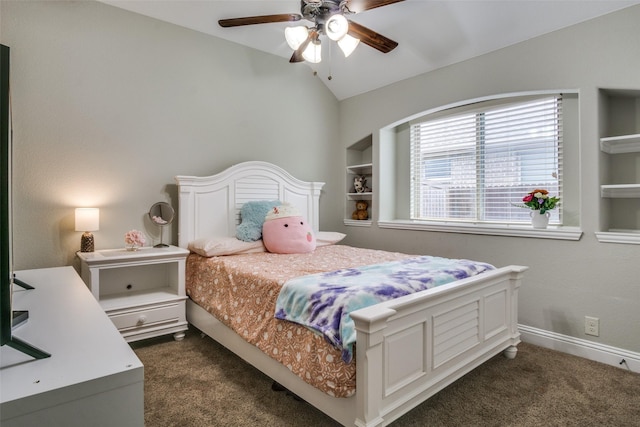 921 Yarwood Way, Burleson, TX 76028 - bedroom featuring dark carpet, lofted ceiling, a ceiling fan, and baseboards