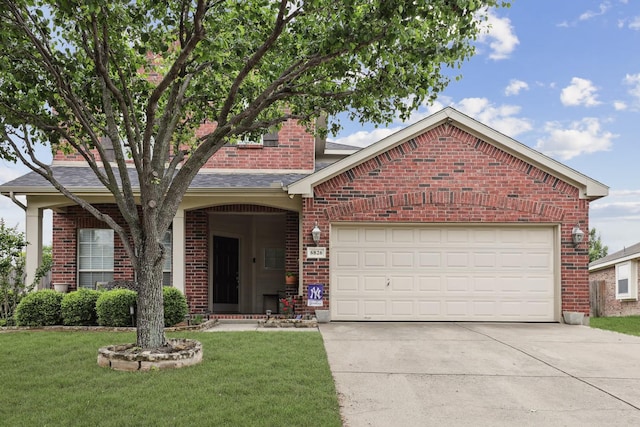 6826 Dream Dust Dr, North Richland Hills, TX 76180 - traditional-style house with brick siding, concrete driveway, a front yard, and an attached garage