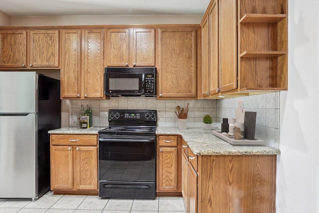 6826 Dream Dust Dr, North Richland Hills, TX 76180 - kitchen featuring black appliances, open shelves, backsplash, and light tile patterned flooring