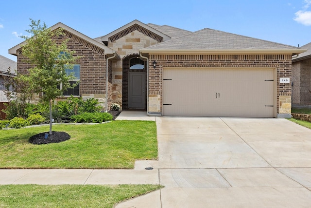 140 Orchard Pines Pl, Boyd, TX 76023 - view of front of home featuring stone siding, a garage, a front lawn, brick siding, and a shingled roof