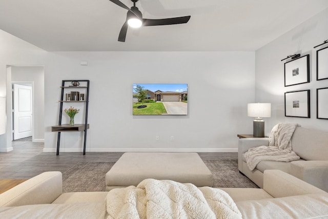 140 Orchard Pines Pl, Boyd, TX 76023 - living room with ceiling fan, wood finished floors, and baseboards
