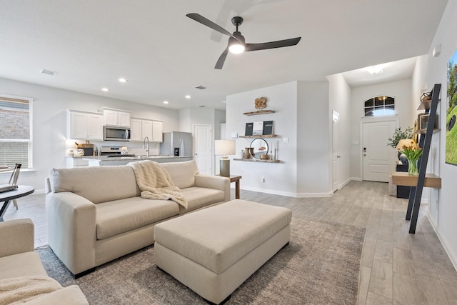 140 Orchard Pines Pl, Boyd, TX 76023 - living area featuring light wood finished floors, baseboards, a ceiling fan, and recessed lighting