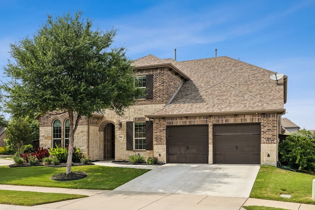 15505 City Garden Ln, Prosper, TX 75078 - view of front facade with a garage, brick siding, a front yard, and a shingled roof