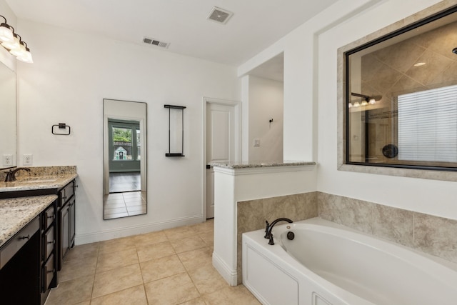 15505 City Garden Ln, Prosper, TX 75078 - bathroom featuring vanity, a bath, tile patterned floors, and tiled shower