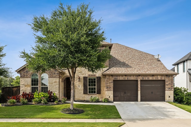 15505 City Garden Ln, Prosper, TX 75078 - view of front of home with a garage, a shingled roof, driveway, and stone siding