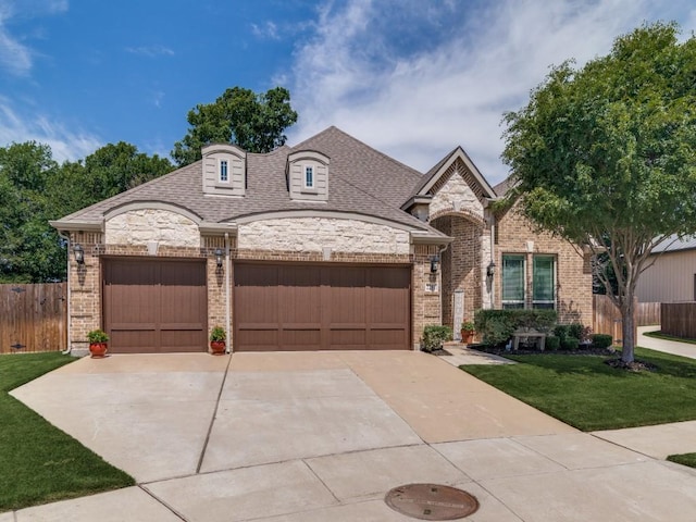 2201 Mountain Creek Ct, Wylie, TX 75098 - french provincial home with an attached garage, concrete driveway, stone siding, and brick siding