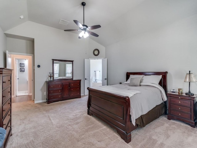 2201 Mountain Creek Ct, Wylie, TX 75098 - bedroom featuring light carpet, ensuite bath, ceiling fan, and high vaulted ceiling