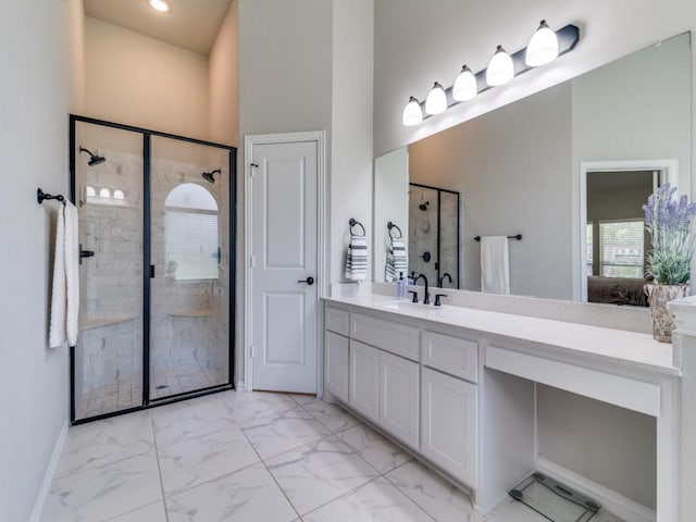 2201 Mountain Creek Ct, Wylie, TX 75098 - bathroom featuring a stall shower, marble finish floors, vanity, baseboards, and ensuite bath