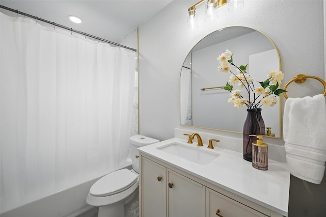 3651 Cindy Dr, Fort Worth, TX 76111 - bathroom featuring toilet, vanity, and shower / tub combo with curtain