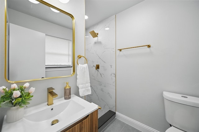3651 Cindy Dr, Fort Worth, TX 76111 - bathroom with toilet, a marble finish shower, vanity, and tile patterned flooring
