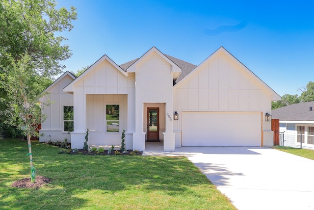 2836 Ave L, Fort Worth, TX 76105 - modern farmhouse with board and batten siding, an attached garage, concrete driveway, a front yard, and roof with shingles