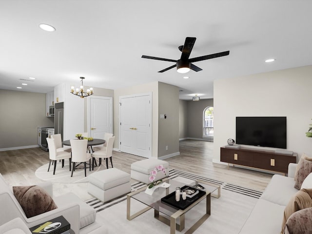 1013 Nueva Tierra St, Grand Prairie, TX 75052 - living room featuring light wood-type flooring, a chandelier, recessed lighting, baseboards, and ceiling fan