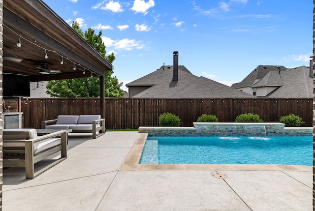 1020 Highpoint Way, Roanoke, TX 76262 - view of swimming pool featuring a patio, an outdoor living space, and a fenced backyard