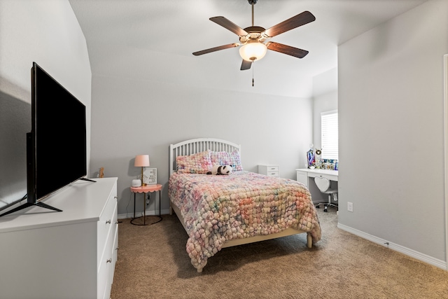 1020 Highpoint Way, Roanoke, TX 76262 - bedroom with carpet flooring, vaulted ceiling, baseboards, and a ceiling fan