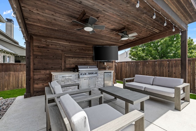 1020 Highpoint Way, Roanoke, TX 76262 - fenced backyard with an outdoor hangout area, a patio, and ceiling fan