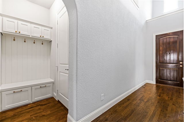 1020 Highpoint Way, Roanoke, TX 76262 - mudroom featuring dark wood-style flooring, arched walkways, baseboards, and a textured wall