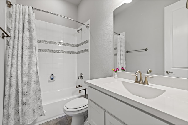 1020 Highpoint Way, Roanoke, TX 76262 - full bath featuring toilet, shower / bathtub combination with curtain, vanity, and a textured wall