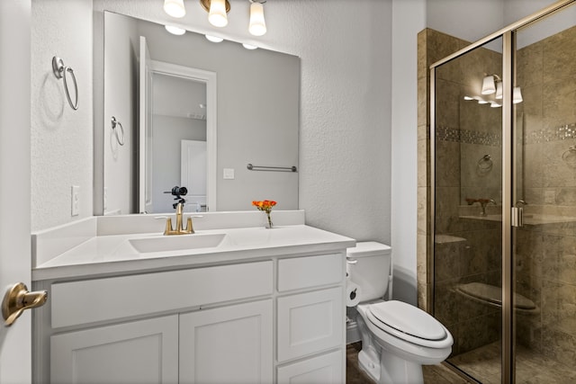 1020 Highpoint Way, Roanoke, TX 76262 - bathroom featuring a stall shower, toilet, vanity, and a textured wall