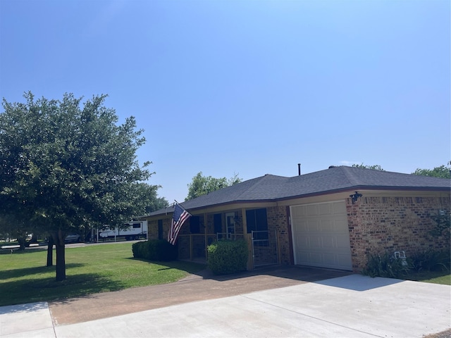 609 S 3rd St, Sanger, TX 76266 - view of front facade featuring an attached garage, a front lawn, brick siding, concrete driveway, and a porch