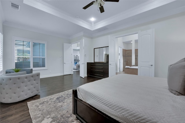 1070 Great Meadow Dr, Allen, TX 75013 - bedroom featuring dark wood-type flooring, crown molding, a raised ceiling, baseboards, and a ceiling fan