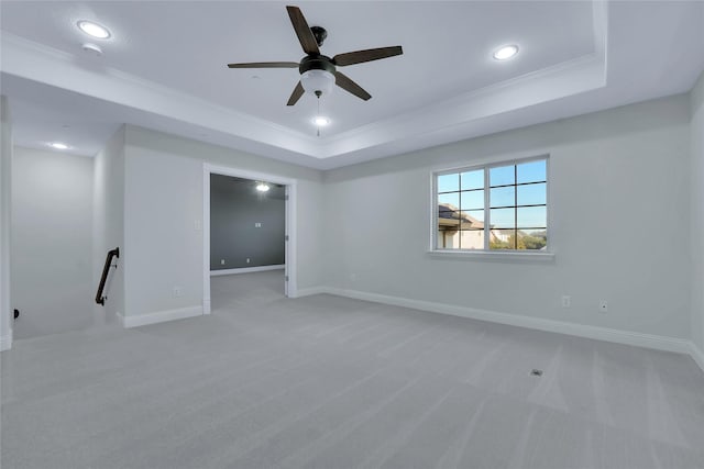 1070 Great Meadow Dr, Allen, TX 75013 - spare room featuring a raised ceiling, ornamental molding, light carpet, recessed lighting, and ceiling fan