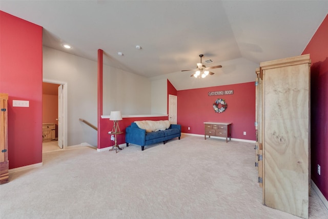 1522 Farm Dl, Allen, TX 75002 - living area with vaulted ceiling, a ceiling fan, carpet floors, an upstairs landing, and baseboards