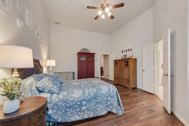 1522 Farm Dl, Allen, TX 75002 - bedroom featuring high vaulted ceiling, wood finished floors, baseboards, and a ceiling fan