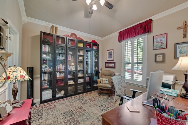 1522 Farm Dl, Allen, TX 75002 - office with crown molding, a ceiling fan, and baseboards