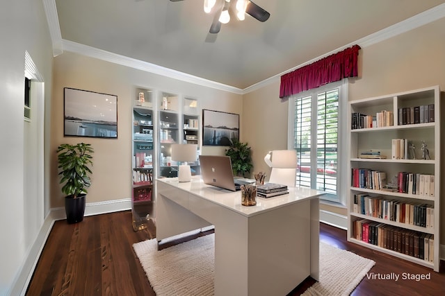 1522 Farm Dl, Allen, TX 75002 - office featuring ceiling fan, crown molding, wood finished floors, and baseboards