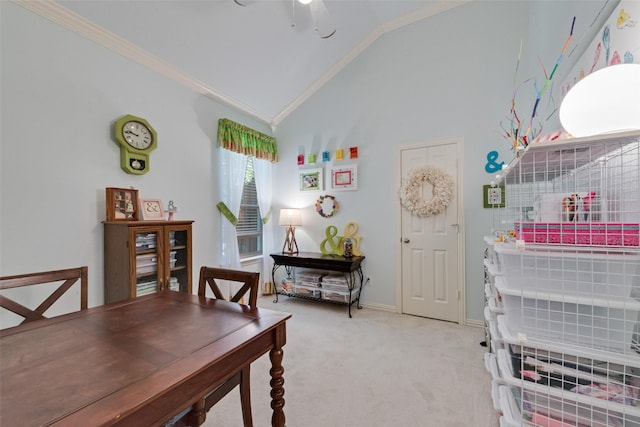 1522 Farm Dl, Allen, TX 75002 - dining room featuring crown molding, light carpet, vaulted ceiling, a ceiling fan, and baseboards