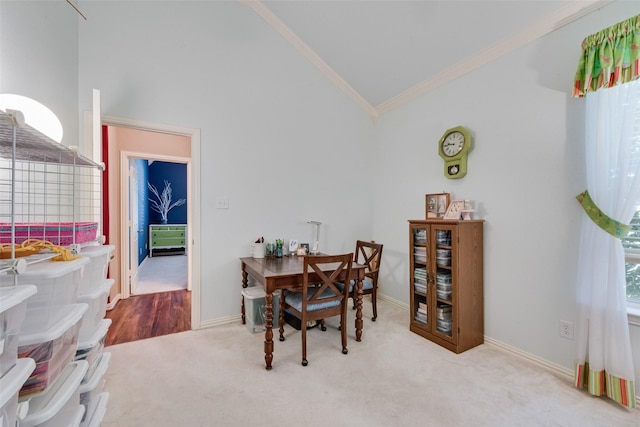 1522 Farm Dl, Allen, TX 75002 - carpeted dining area with lofted ceiling, crown molding, and baseboards