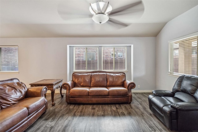 409 Hoover Ave, Lavon, TX 75166 - living room featuring dark wood finished floors, ceiling fan, and lofted ceiling