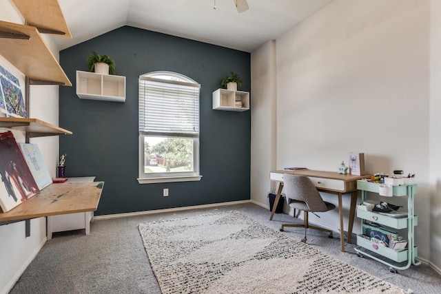 431 Lakefield Dr, Murphy, TX 75094 - office featuring carpet, lofted ceiling, and ceiling fan